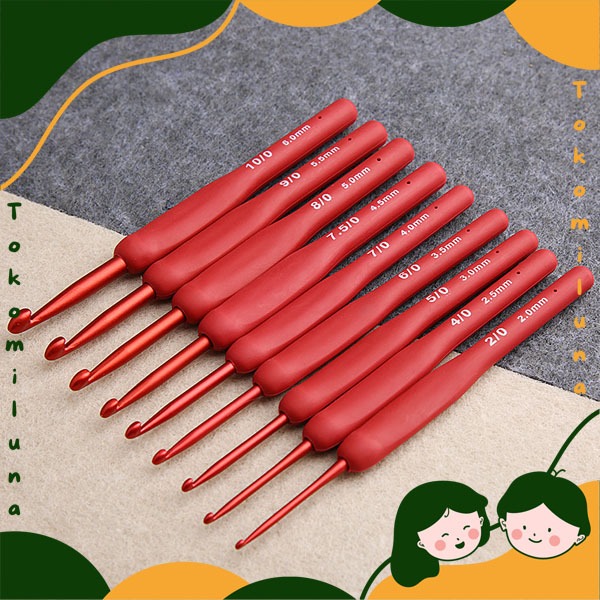Jual Red aluminium crochet hook hakpen jarum rajut handle pvc merah ...