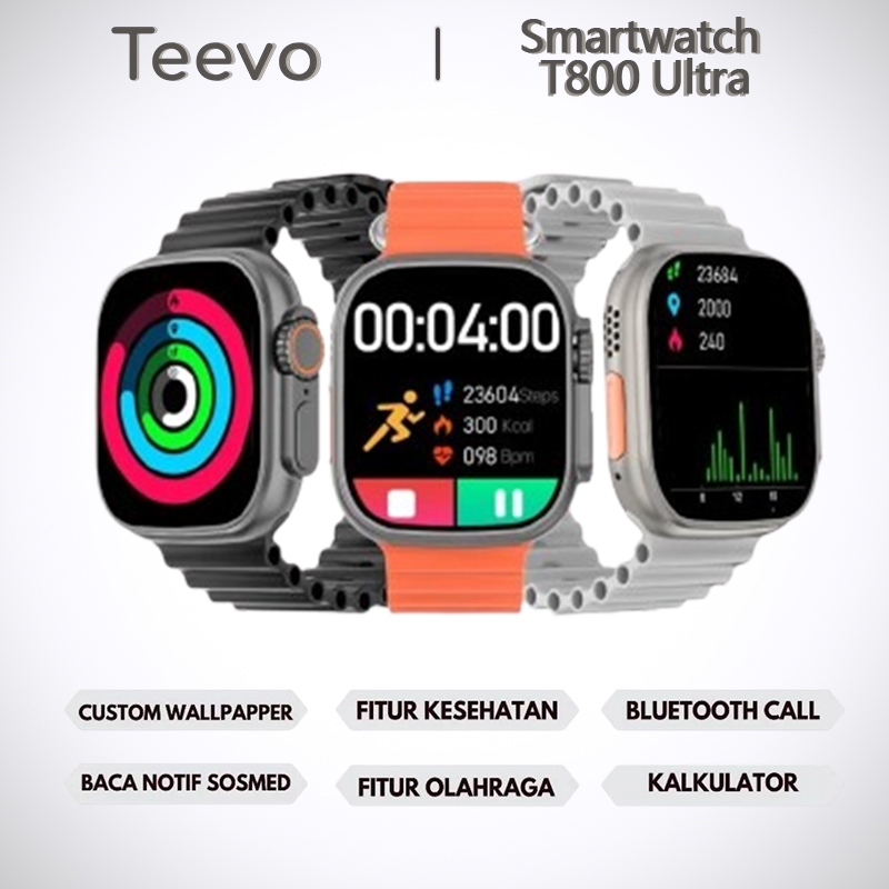 Teevo SmartWatch T800 Ultra Bluetooth Jam tangan Pintar Full Touch Screen  Kalkulator Notifikasi Bisa Phone Call IP68 Waterproof Wireless Charging
