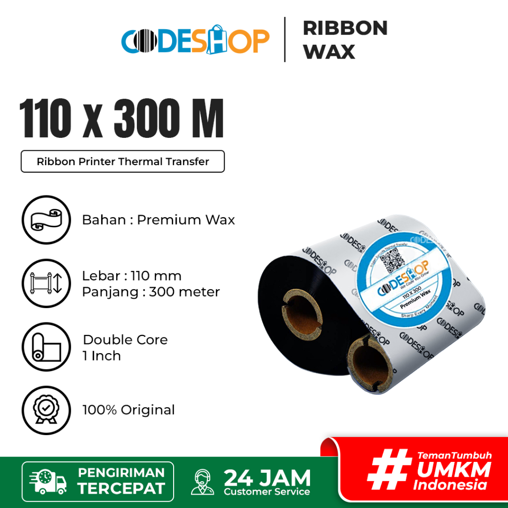 Jual Ribbon Premium Wax 110x300 M Double Core Tinta Printer Barcode ...