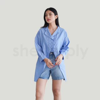 Shesimply Hoppy Stripe Blouse Katun Salur Atasan Wanita Tangan Panjang Motif Garis-Garis Simple