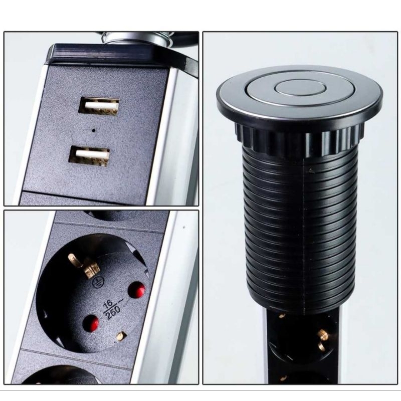 Jual Stop Kontak Pull Pop UP 3 Electric Plug Socket 2 USB Port EU - PDU ...