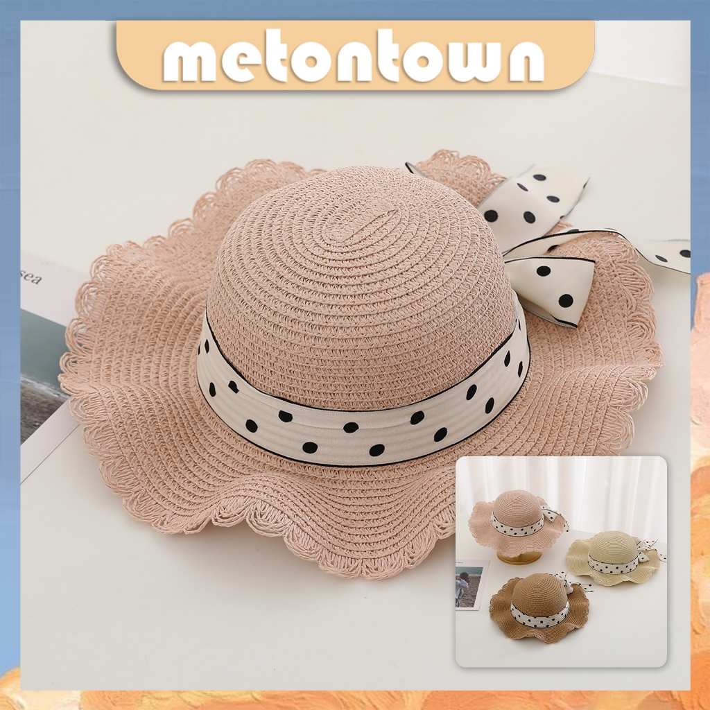 Jual Metonton - Topi Rajut Aksen Pita Polkadot Bahan Jerami Summer Hat ...