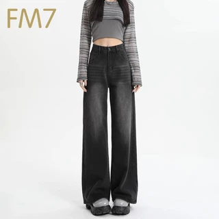 FM7 L105 Highwaist Fashion Celana Jeans Wanita Pants Denim Kasual Loose Jins Boyfriend - Hitam abu