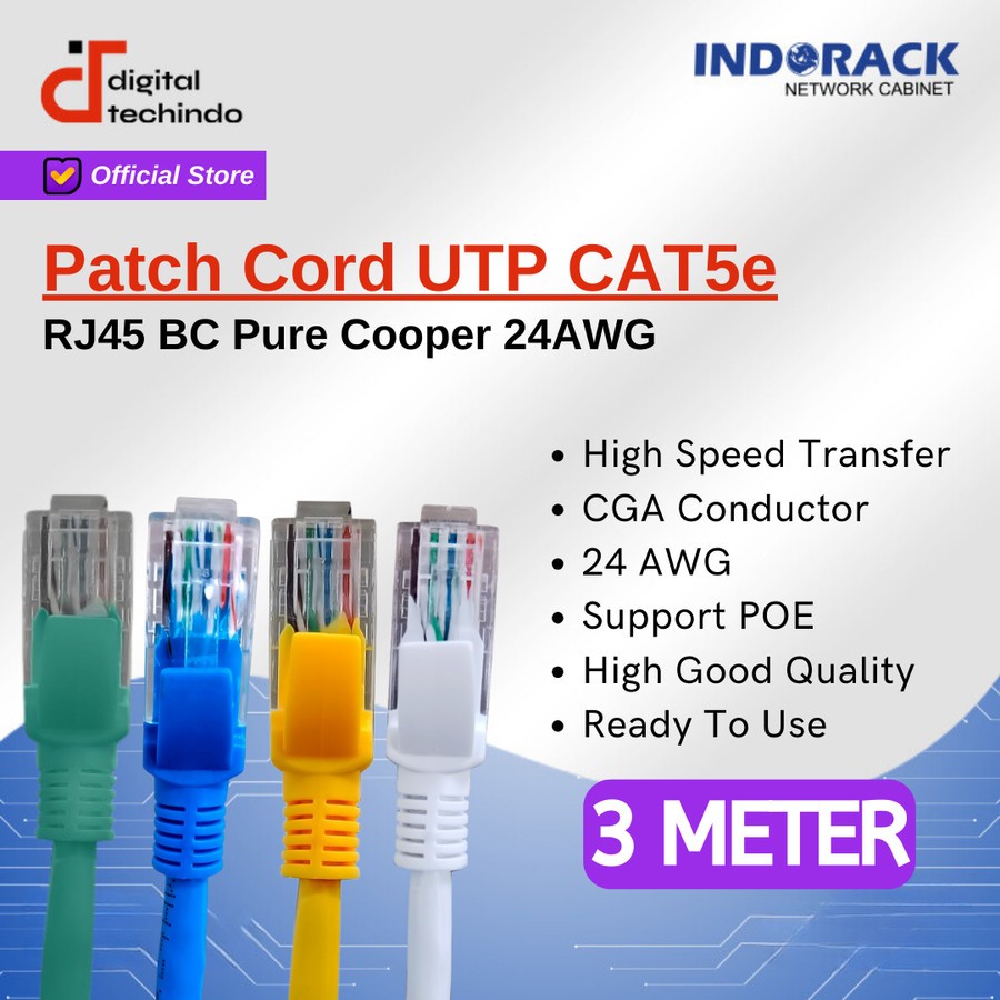 Jual Indorack Patch Cord CAT5e Panjang 3M BC 24AWG Kabel LAN Kabel UTP ...