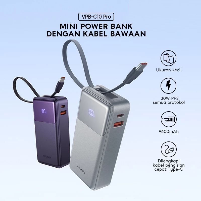 VIVAN Mini Powerbank VPB-C10 PRO 9600mAh 30W Fast Charging PD QC3.0 Type C Built-in Garansi 18 Bulan