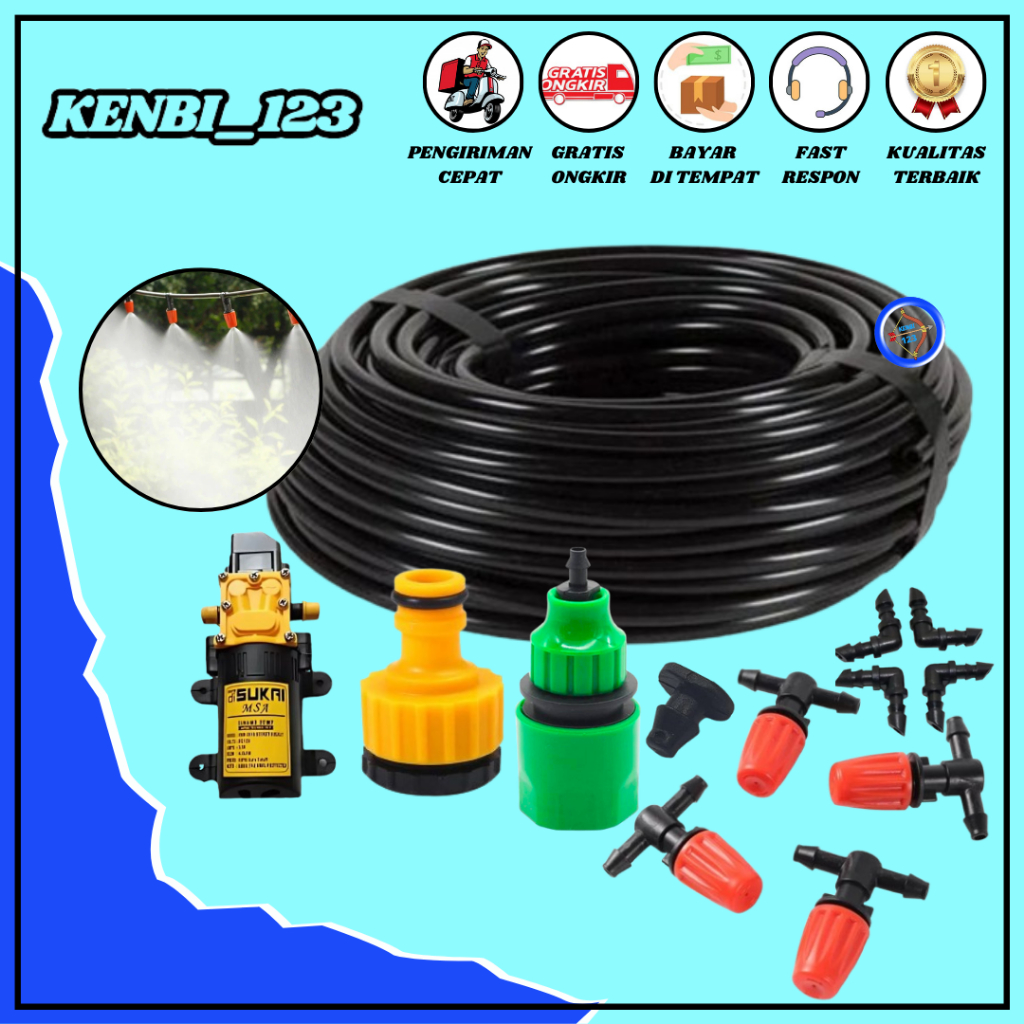 Selang Irigasi Set Irigasi Taman 10 Set Misting Pendingin Kandang Ayam Puyuh Walet Jamur Paket Misting Sprayer LURUS OREN+POMPA 80 PSI KENBI_123