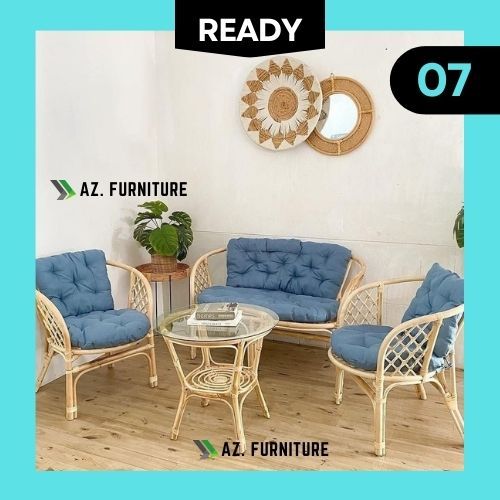 KURSI BAHAMA CLASSIC ROTAN ALAMI SET BANTAL DAN MEJA KACA 1 SET / KURSI TERAS TAMU ROTAN ASLI MINIMALIS
