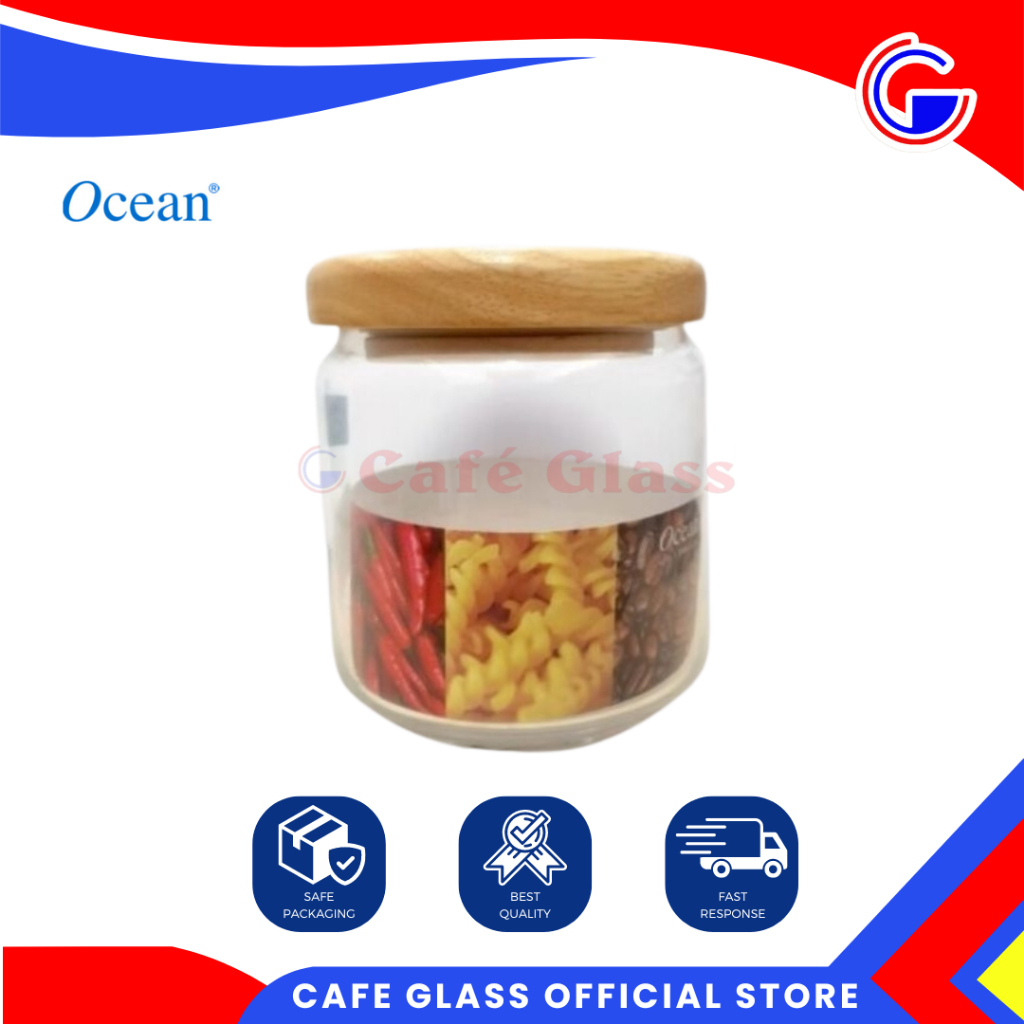 Toples Tutup Kaca 500Ml (5B02517) - Merk Ocean Pop Jar Wooden 500Ml - Toples Kaca Tutup Kayu