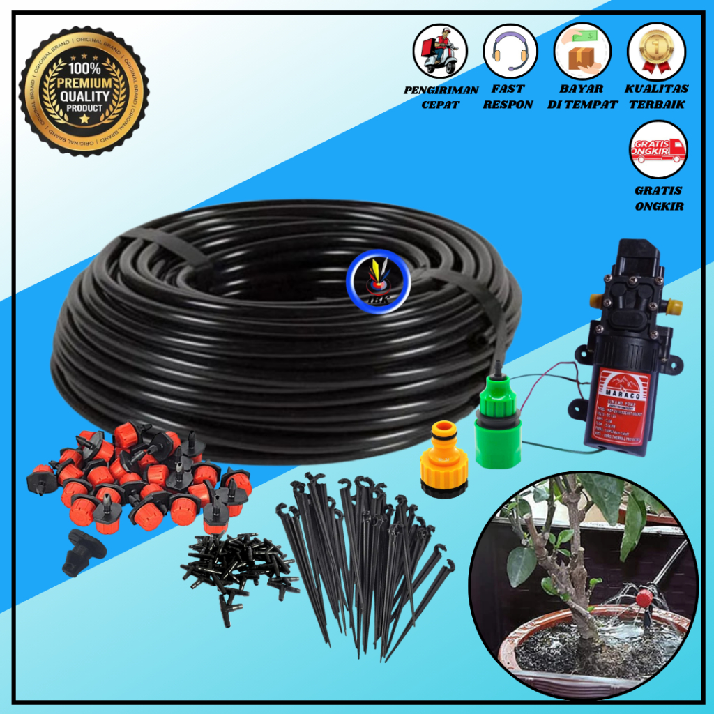 Set Irigasi Air Taman Set Misting 50 Set Irigasi Misting Alat Siram Tanaman Tetes Sprayer BULAT MERAH + DINAMO POMPA MERAH 100 PSI
