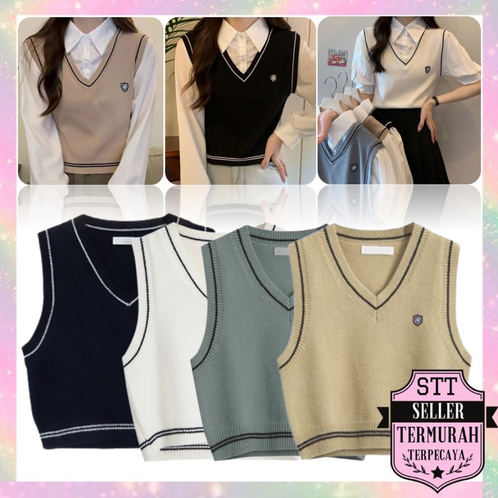 Jual STT Outer Top V-neck Knit Crop Korean Style Vest Rompi Rajut Tanpa ...