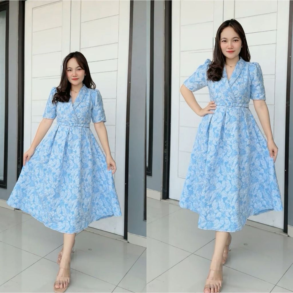 Jual Emma.Butik E00235 Midi Dress Gaun Wanita Jacquard Putih Sidi Model Kimono Emboss Motif Bunga Mewah Pesta Kantor Gereja Kondangan Kerja Nyaman Formal Kasual Shopee Indonesia