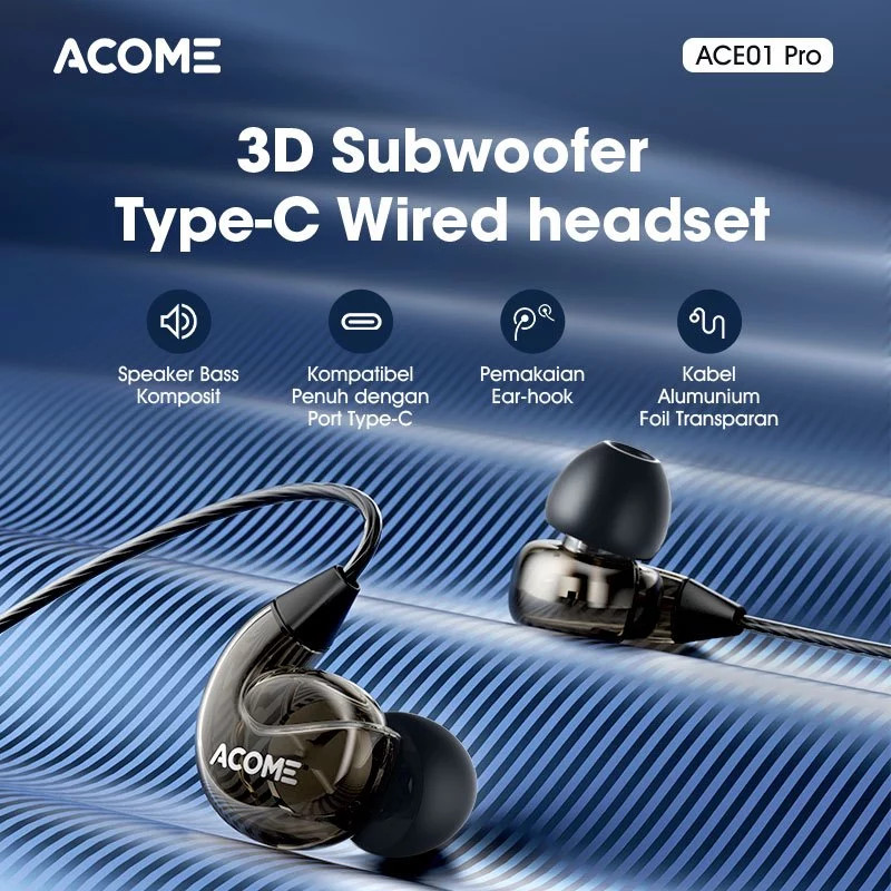 ACOME 3D Subwoofer Headphone Earphone Headset Type-C/Jack 3.5mm Powerfull Bass Plug and Play Transparent Wired Body Black