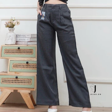 Jejee.Co Kuma Pants Loose Pants Stripe Trouser Wanita Celana Anti Kusut Celana Kulot Wanita