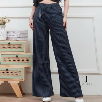 Jejee.Co Kuma Pants Loose Pants Stripe Trouser Wanita Celana Anti Kusut Celana Kulot Wanita