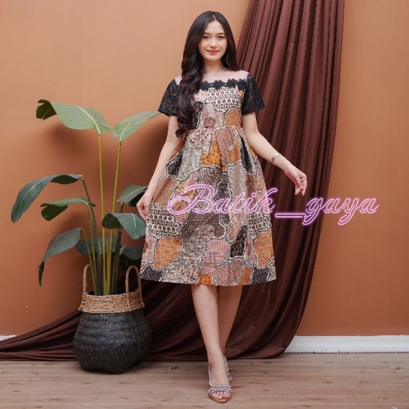 Jual BG dress terlaris baju batik pesta mewah dress batik elegan