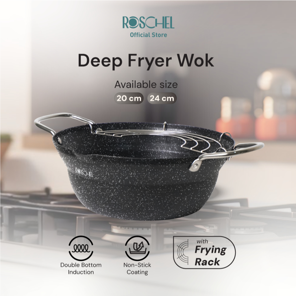 Jual Roschel Deep Frying Wok Marble Non Stick Coating Double Bottom ...