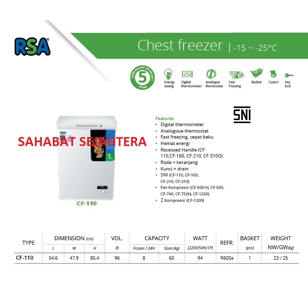 Jual RSA Chest Freezer CF-110 Freezer Box Kap.96Liter | Shopee Indonesia