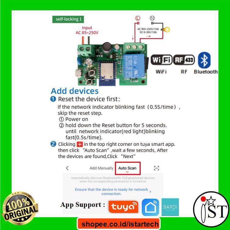 Jual Tuya Smart Switch WIFI 5VDC 85-250VAC Saklar Self Locking RF 433 ...
