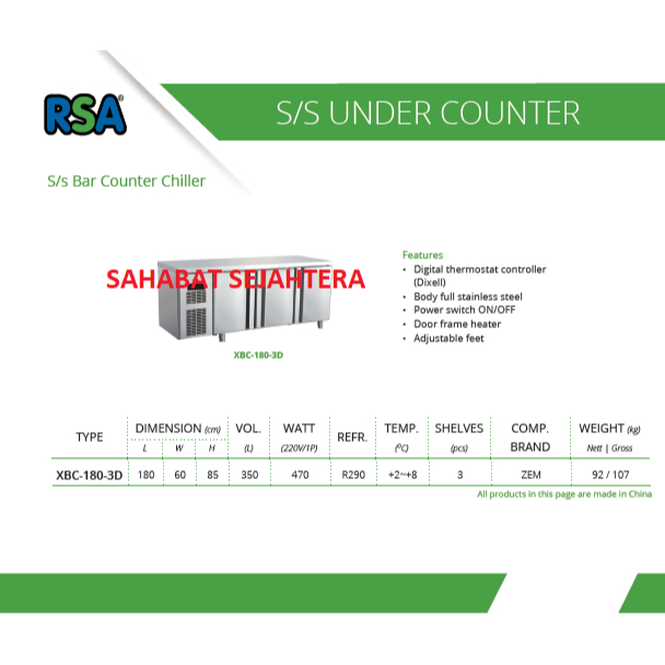 Jual RSA Stainless Steel Bar Counter Chiller XBC-180-3D Chiller ...