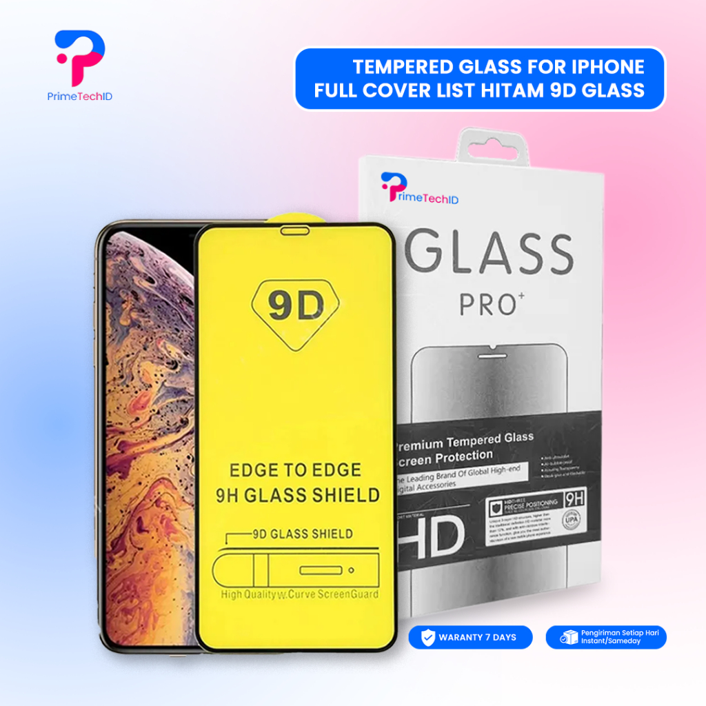 Tempered Glass For iPhone 11 12 13 14 15 X/Xr Pro Max FULL COVER LIST HITAM  9D Glass Anti Gores