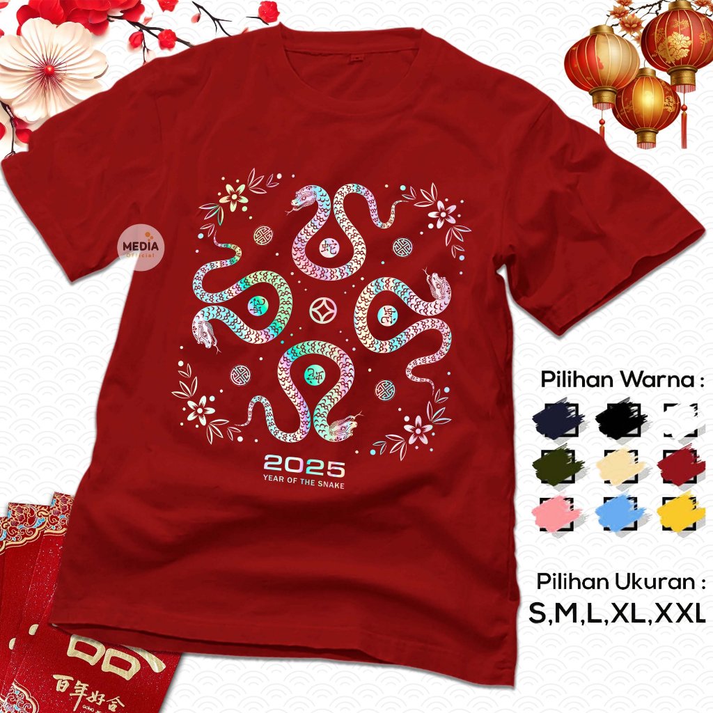 Jual Kaos Baju Imlek 2025 Happy Chinese New Year Four Snake And Flowers ...
