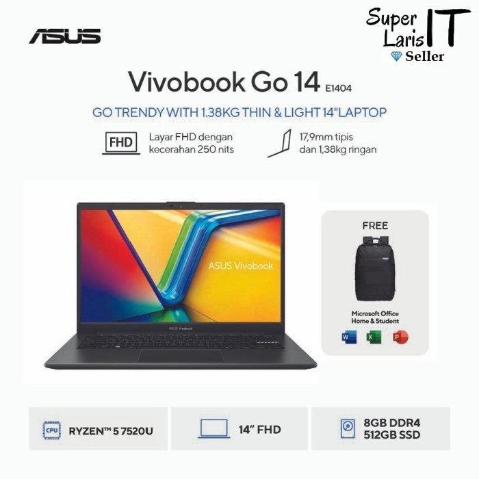 Jual ASUS Vivobook Go 14 E1404FA-VIPS558M AMD Ryzen 5 R5 7520U ram 8GB ...