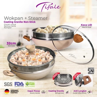 Tifale [2IN1] Wokpan Diameter 32cm + Glass Lid + Granite Steamer Non Stick / Alat Masak Wok dengan Panci Kukus Granite Anti Lengket dan Tutup | Dandang Steamer Kukus Siomay dan Bakpao 2in 1 + Tutup |