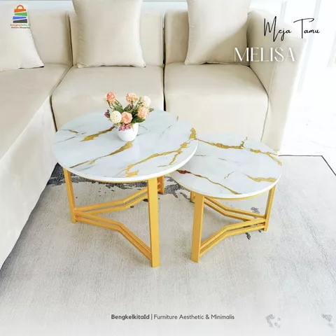 Meja Tamu Aesthetic Meja Bulat Set 2in1 - MEJA MELISA - Samping Sofa Besi Holo Marmer Mewah