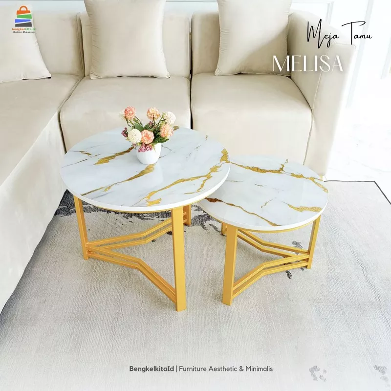 Meja Tamu Aesthetic Meja Bulat Set 2in1 - MEJA MELISA - Samping Sofa Besi Holo Marmer Mewah