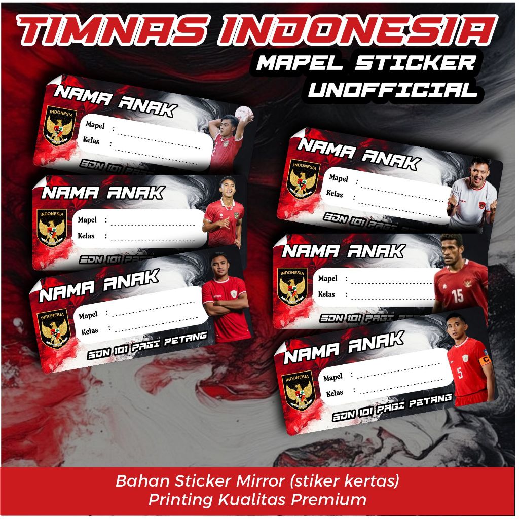 Jual STICKER NAMA MAPEL SEKOLAH 35 PCS TIMNAS INDONESIA SENIOR EDISI ...