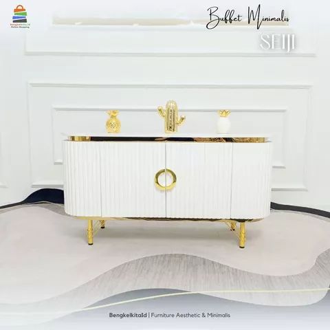 Meja Seiji Buffet TV Minimalis Modern Aesthetic / Rak TV Mewah 2 Pintu Kayu Solid Duco List Gold