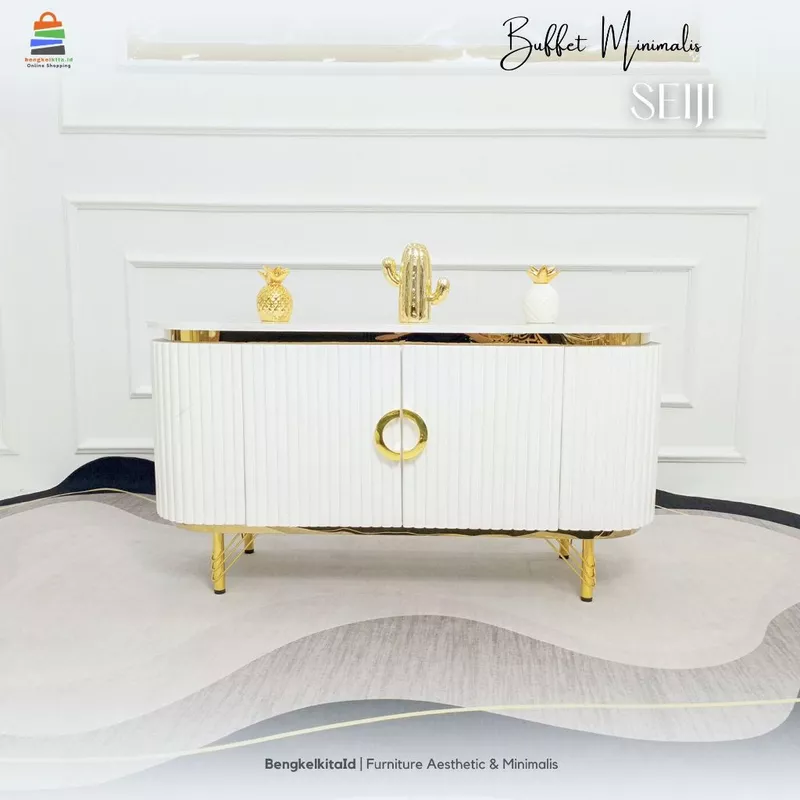 Meja Seiji Buffet TV Minimalis Modern Aesthetic / Rak TV Mewah 2 Pintu Kayu Solid Duco List Gold