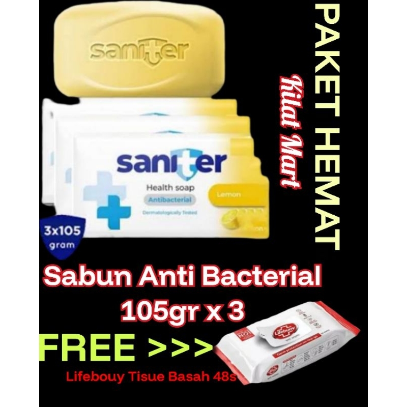 PROMO-Sabun Mandi Anti Bacterial SANITER 105gr x 3 FREE Lifebuoy Tisue Basah 48s