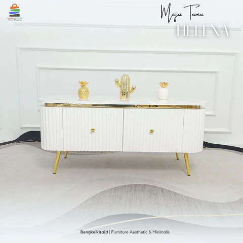 Meja Tamu Aesthetic Meja Sofa Minimalis - MEJA HELENA - Kayu Solid 2 Laci Cat Duco Glossy