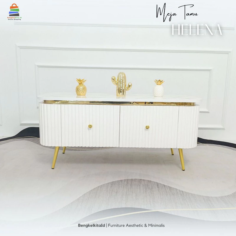 Meja Tamu Aesthetic Meja Sofa Minimalis - MEJA HELENA - Kayu Solid 2 Laci Cat Duco Glossy