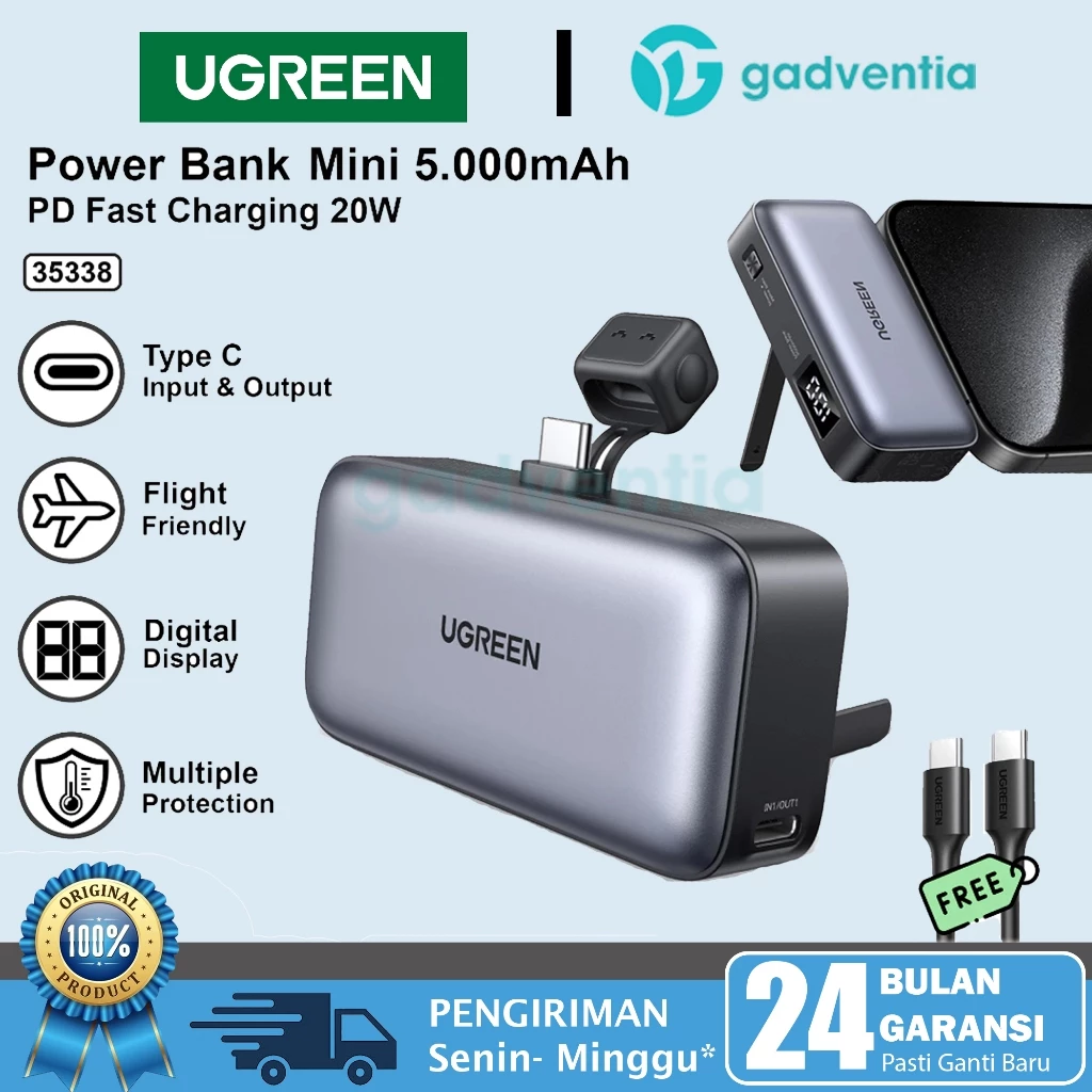 UGREEN PowerBank Mini Type C LED Display Fast Charging PD 20W With Phone Holder 5000mAh For iPhone 15 Series Samsung Galaxy S23 S24 Huawei