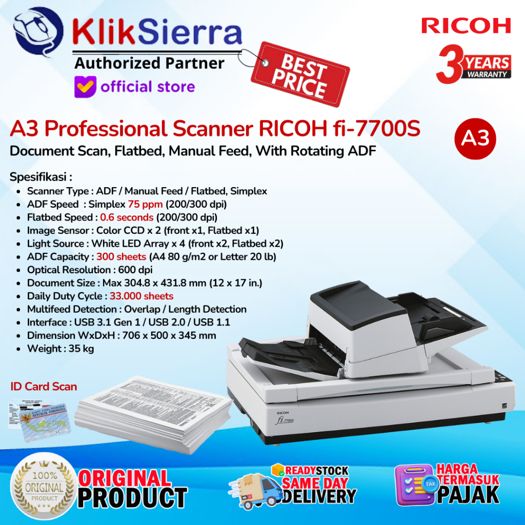 Jual RICOH TKDN fi-7700S / fi7700SProfessional Flatbed Scanner A3 75 ...
