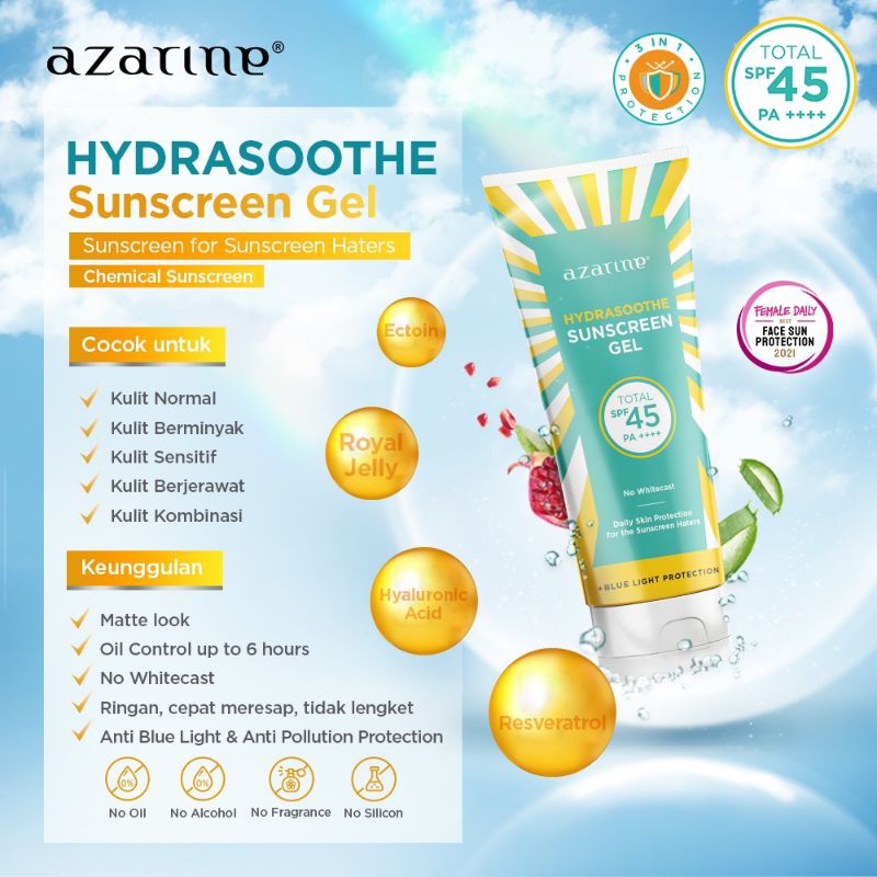Jual Azarine Hydrasoothe Sunscreen Gel SPF45 PA++++ 50ml | Shopee Indonesia