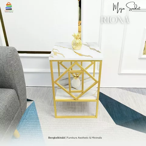 Meja Sudut Aesthetic Meja Tamu Sofa Susun - MEJA RIONNA - Kotak 2 Ambalan Besi Holo Cat Duco