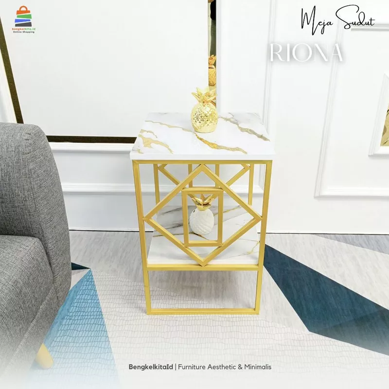 Meja Sudut Aesthetic Meja Tamu Sofa Susun - MEJA RIONNA - Kotak 2 Ambalan Besi Holo Cat Duco
