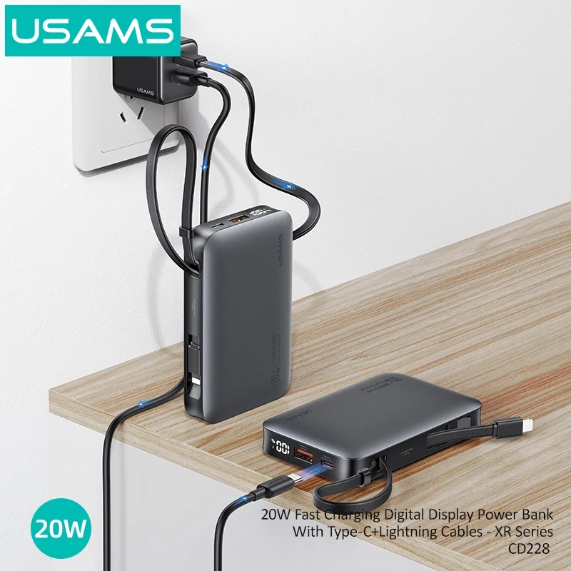 USAMS Powerbank 10000mAh Fast Charging 20W Digital Display With Type C & Lightning Cable CD228