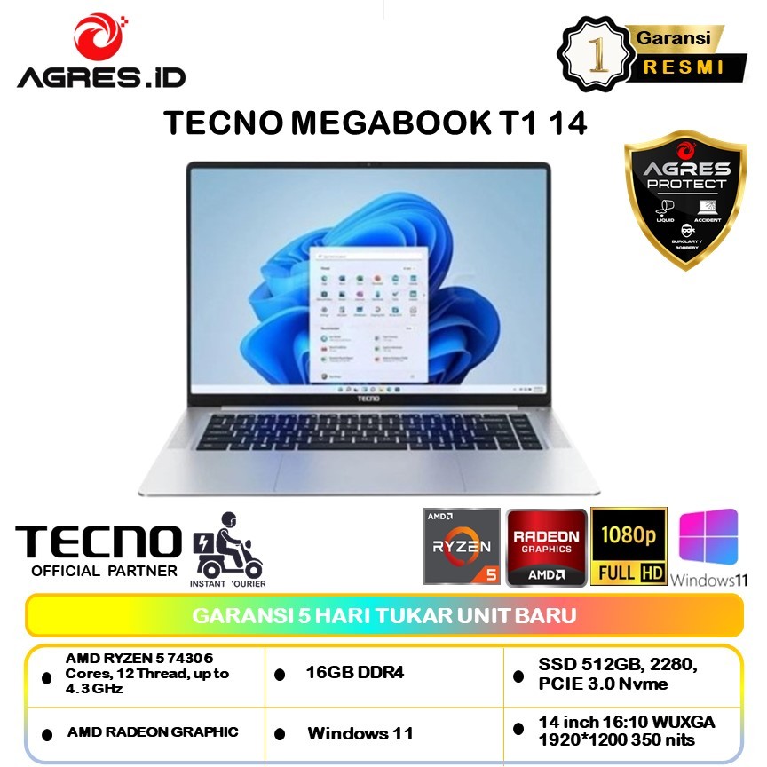 Jual LAPTOP TECNO MEGABOOK T1 14 RYZEN 5 7430U 16GB 512GB 14.0WUXGA ...