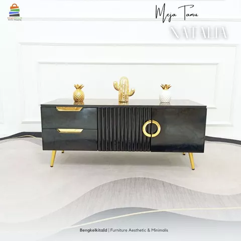Meja Tamu Aesthetic Meja Sofa Minimalis - MEJA NATALIA - 110cm Kayu Solid 2 Laci Pintu