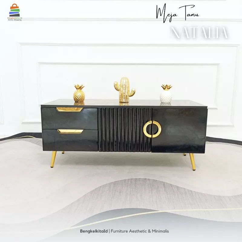 Meja Tamu Aesthetic Meja Sofa Minimalis - MEJA NATALIA - 110cm Kayu Solid 2 Laci Pintu