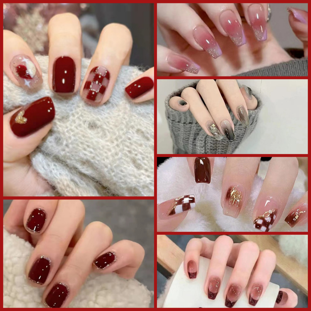 24 Pcs Kuku Palsu maroon kuku palsu 3D Seni Kuku untuk Perawatan Kecantikan Kuku Kaki Palsu Gratis Lem Stiker Kuku Tahan Air Kuku Palsu Pernikahan free lem