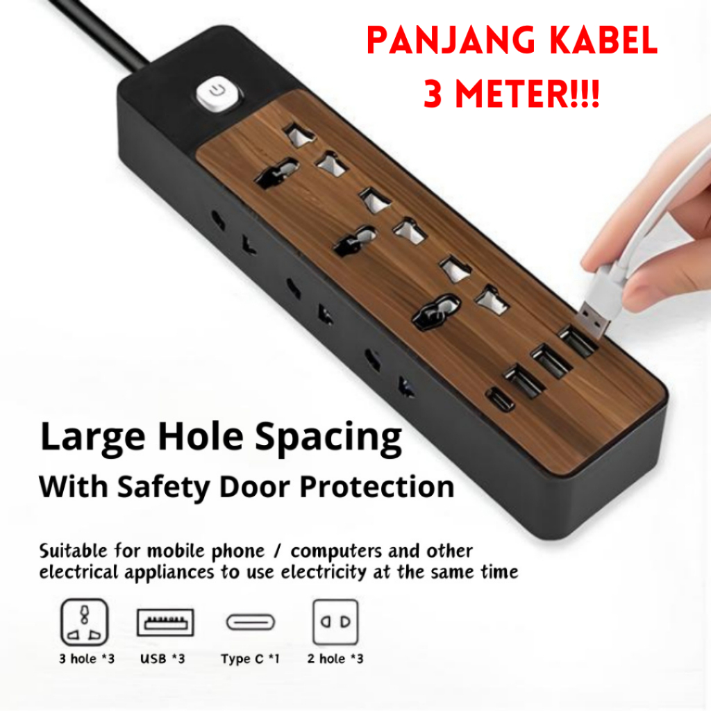 Jual Stop Kontak Kayu 6 Lubang Soket 3USB / Terminal Listrik / Colokan ...