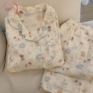 QHST Piyama Wanita Set Satin Kisi Merah Jambu Wanita Import Pajamas Wanita Baju Tidur Wanita