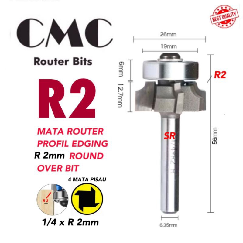 Jual Mata Router/ Profil Edging R 2mm 4 Mata Pisau/ Round Over Bits CMC ...