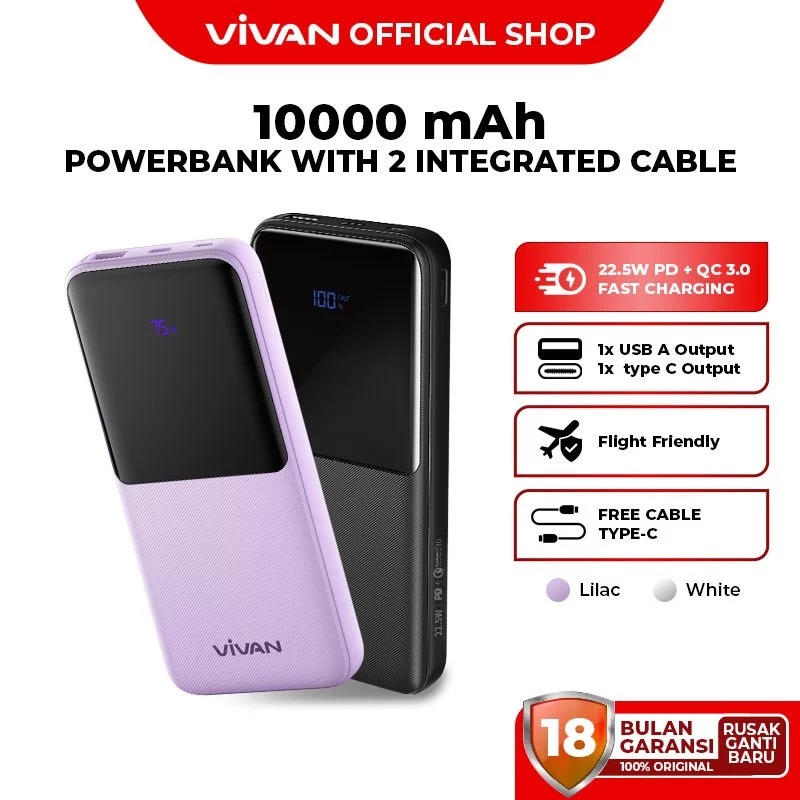 VIVAN Powerbank 10000mAh VPB-E10 4 Output Fast Charging 22.5W PD LED Display Garansi 18 Bulan