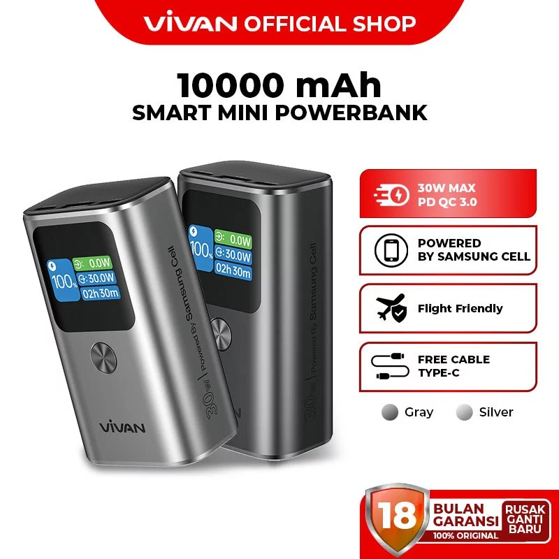 VIVAN Smart Powerbank 10000 mAh 30W Two-Way Fast Charging PD QC3.0 Powered by Samsung Cell VPB-T10 Garansi 18 Bulan